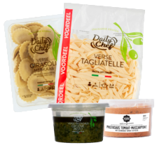 Daily Chef verse pasta
pak à 250-500 gram,
Daily Chef groene pesto pastasaus
bakje à 180 gram
of Noordertrots pastasaus
bakje à 